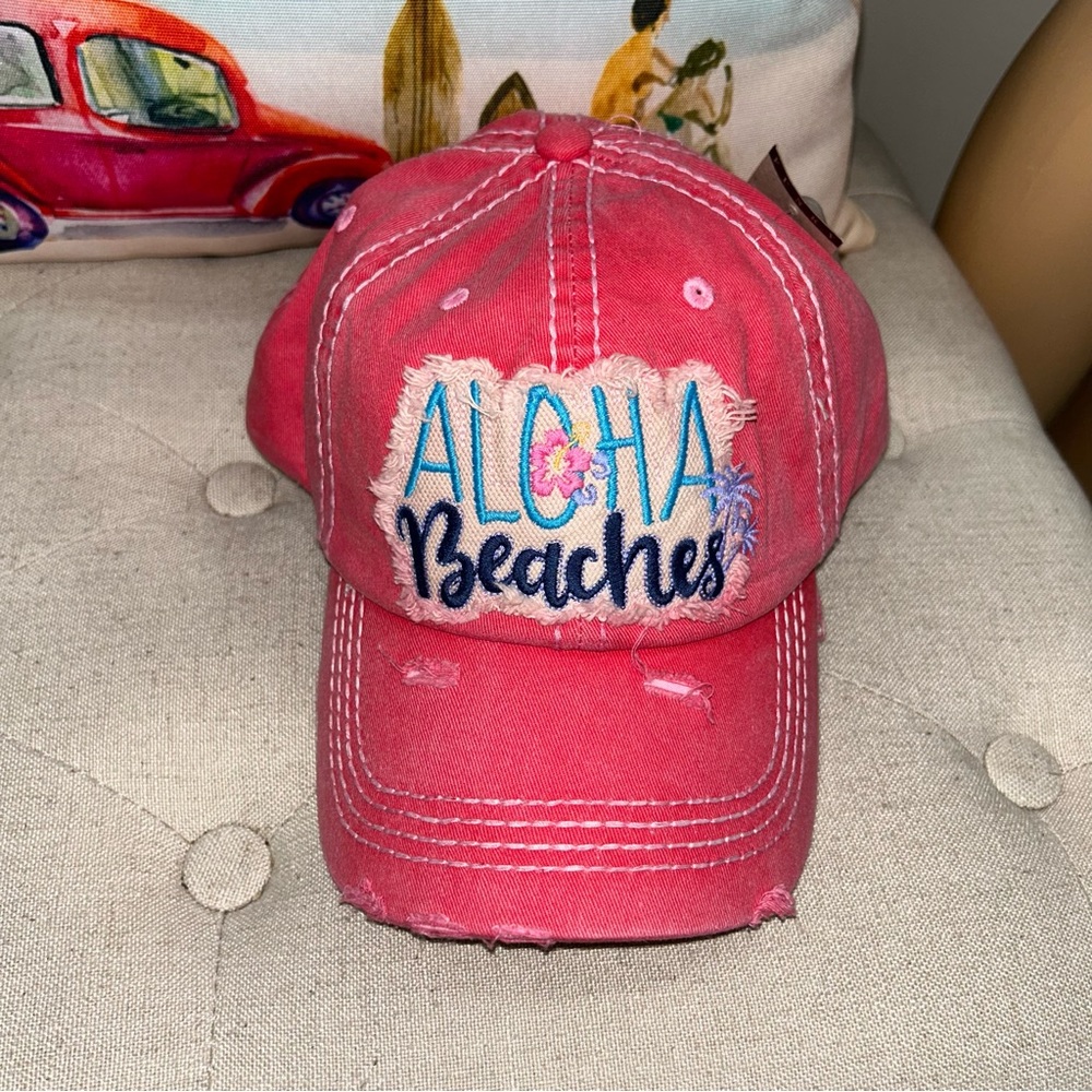 Funky Junque NWT! Coral Aloha Beaches Embroidery Distressed Patch Hat  One Size